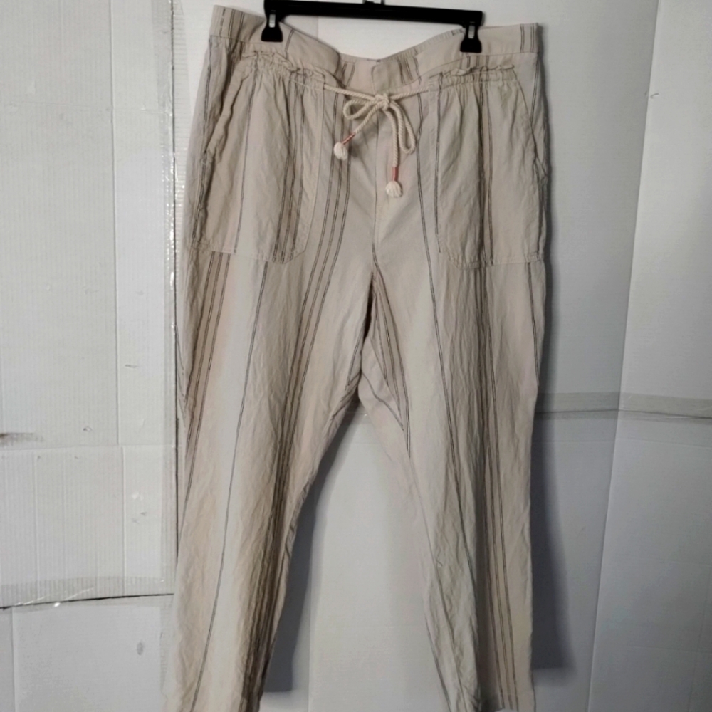 Anthropologie Beige Blue Striped Pants Women's SZ XL Drawstring/Elastic Beachy